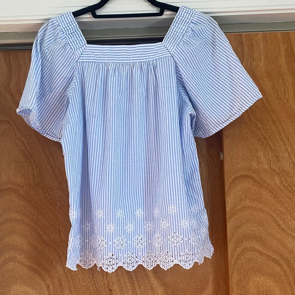 LOFT Blue White Stripe Eyelet Embroidered Square Neck Puff Sleeve Cotton Top S
